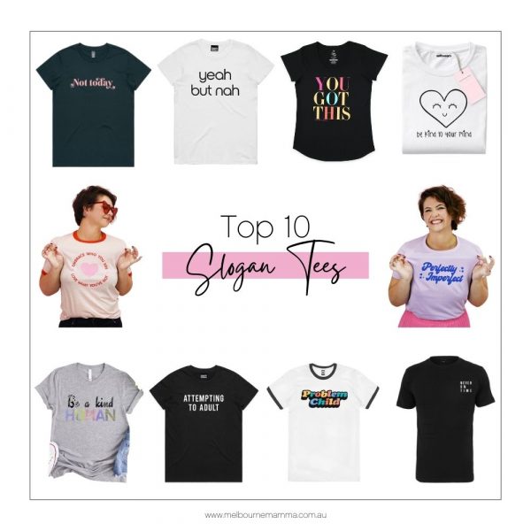 A collage image of my 10 favourite slogan tees for women